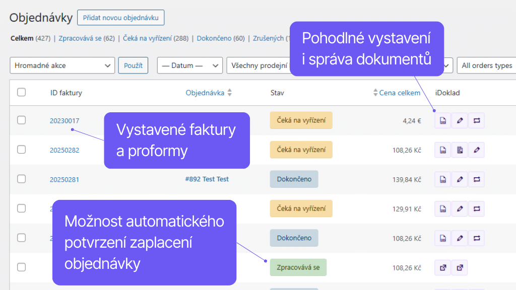 WooCommerce plugin iDoklad - funkce v přehledu objednávek