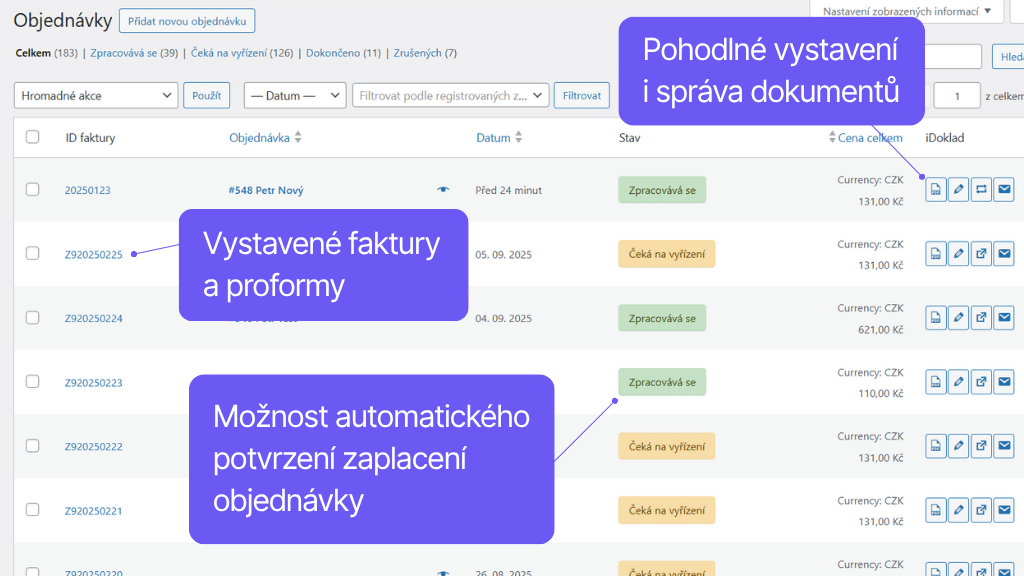 WooCommerce plugin iDoklad - funkce v přehledu objednávek