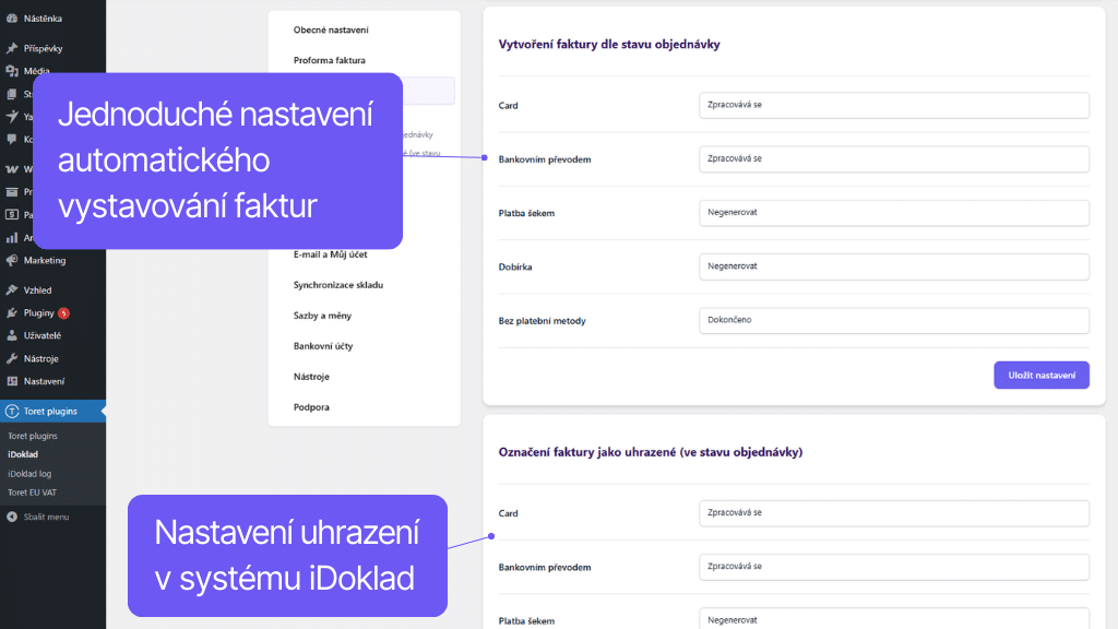 WooCommerce plugin iDoklad - nastavení automatizace vystavování faktur