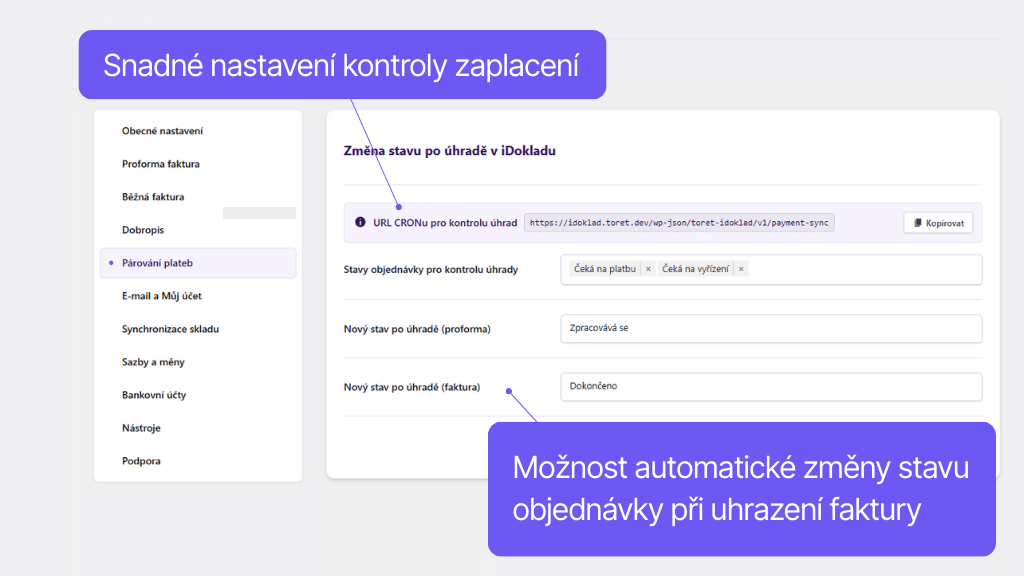 WooCommerce plugin iDoklad - nastavení kontroly uhrazení