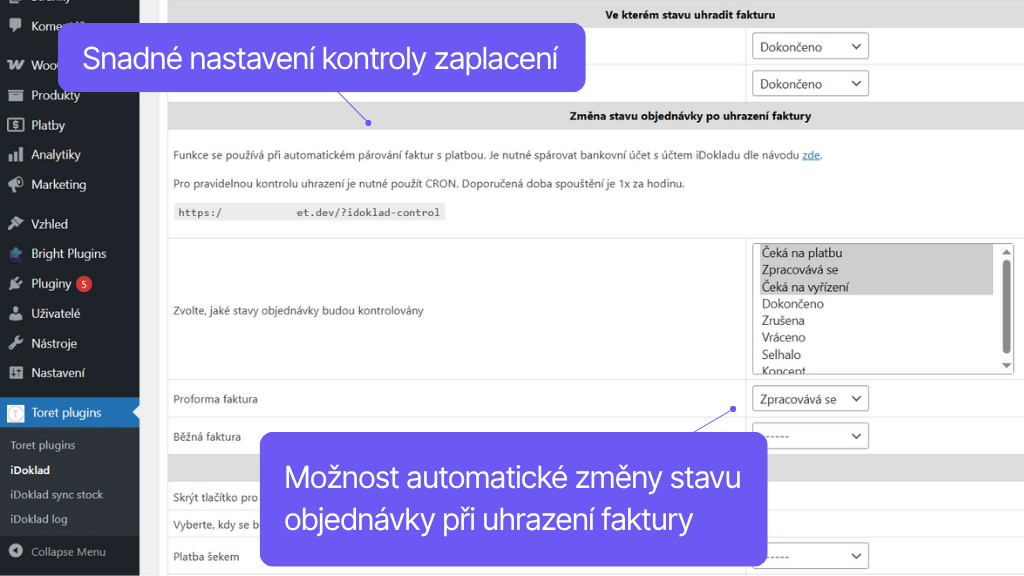 WooCommerce plugin iDoklad - nastavení kontroly uhrazení