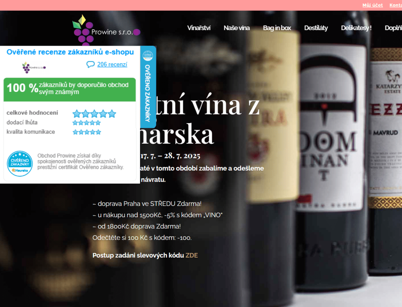 E-shop prowine.cz - certifikát Ověřeno zákazníky implementovaný pomocí Toret pluginu