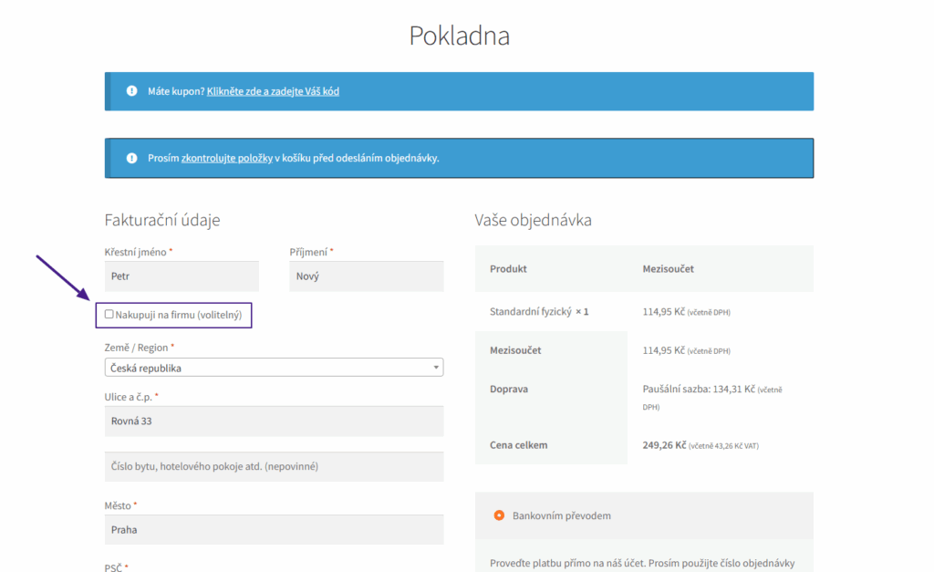 Nová funkce pluginu Toolkit - úprava textu checkboxu pro firemní pole v pokladně