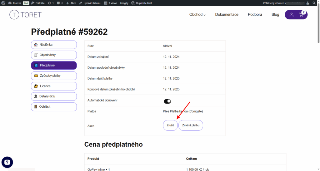 toret správa předplatného - návod