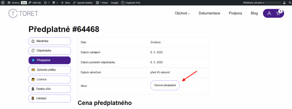 toret správa předplatného - návod
