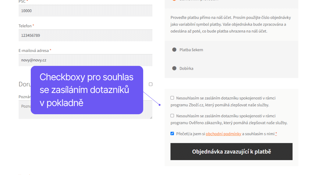 Toret plugin Srovnávače zboží pro WooCommerce - checkbox v pokladně pro souhlas se zasíláním dotazníků spokojenosti