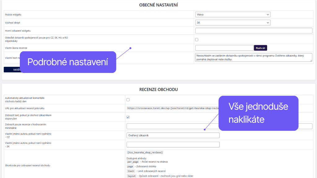 Toret plugin Srovnávače zboží pro WooCommerce - nastavení pluginu