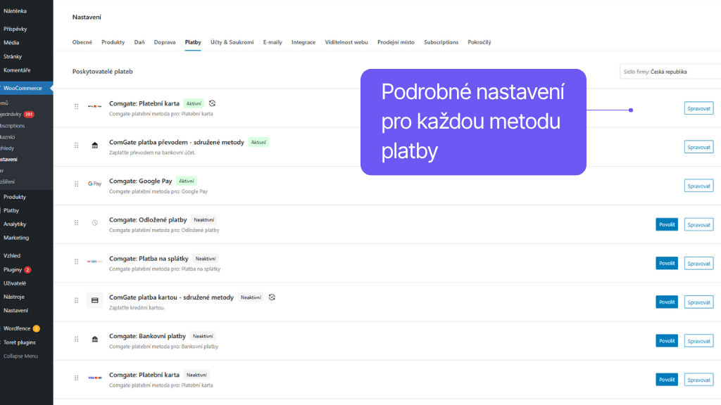 Platební brána Comgate pro WooCommerce - nastavení