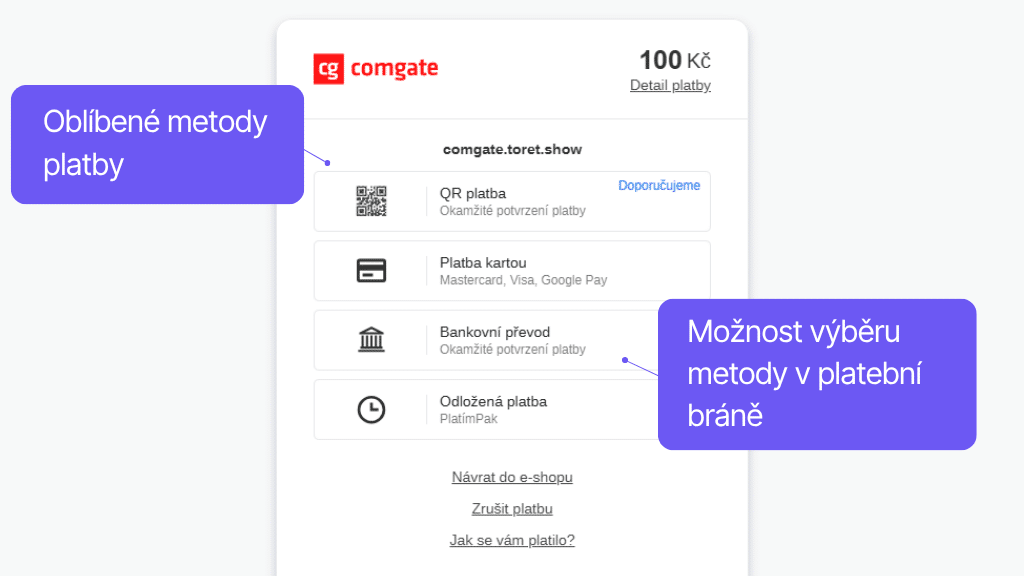 Platební brána Comgate pro WooCommerce - výběr metody v platební bráně
