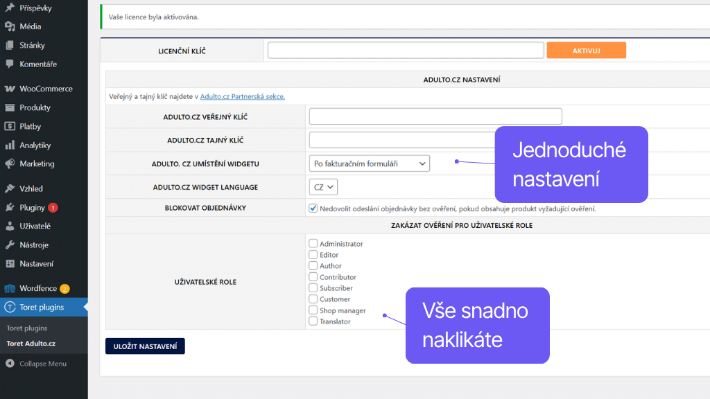 Plugin Toret Adulto pro WooCommerce - nastavení