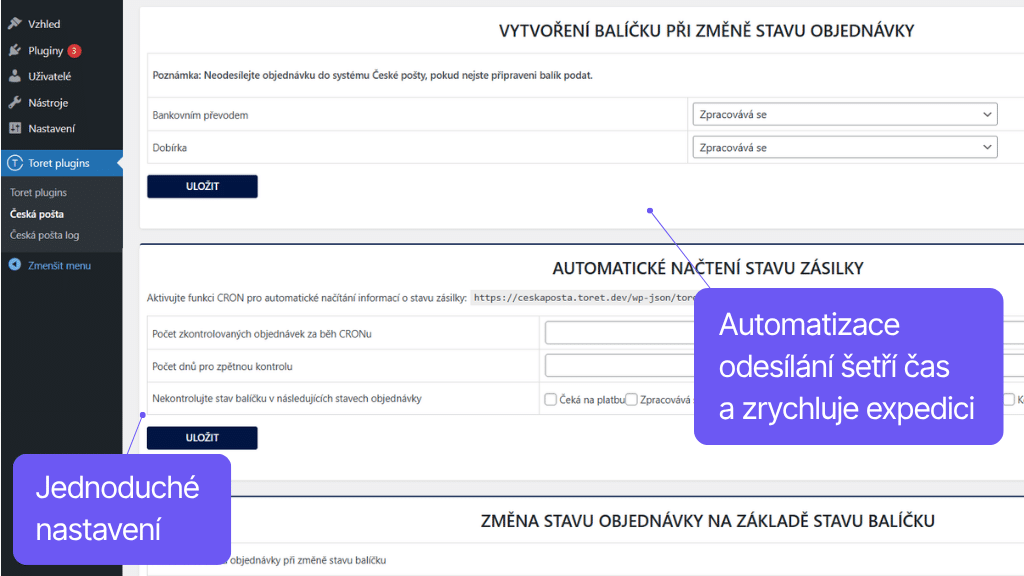 Plugin Toret Česká pošta - nastavení automatizace