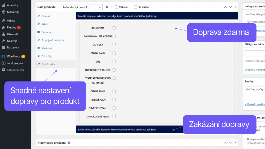 Plugin Toret Česká pošta - nastavení dopravy (2)