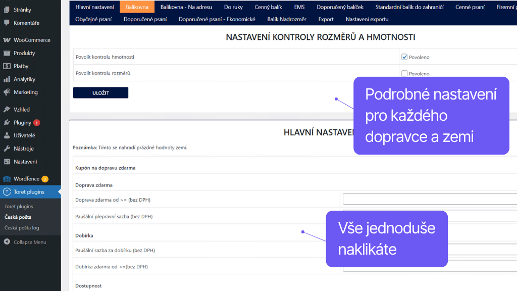 Plugin Toret Česká pošta - nastavení dopravy