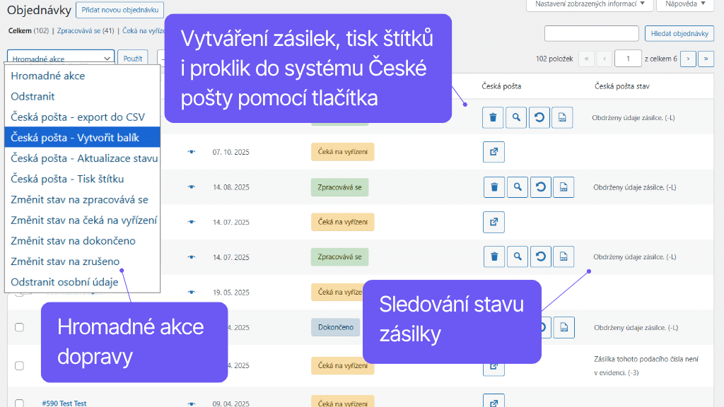 Plugin Toret Česká pošta - správa zásilek
