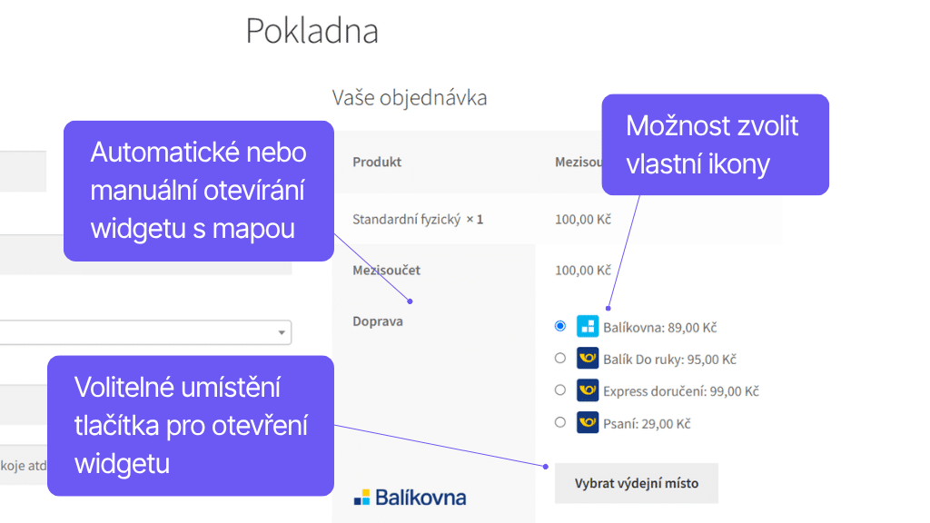 Plugin Toret Česká pošta - zobrazení v pokladně