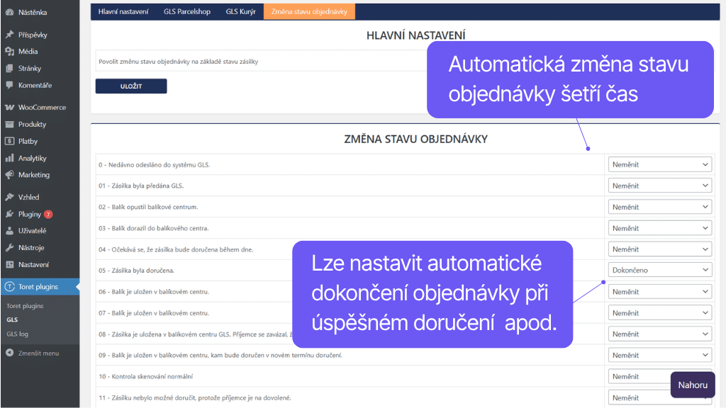 Plugin Toret GLS pro WooCommerce - nastavení automatizace (2)