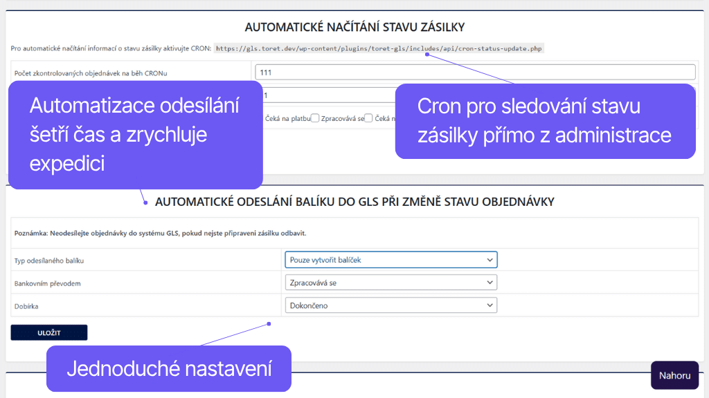 Plugin Toret GLS pro WooCommerce - nastavení automatizace