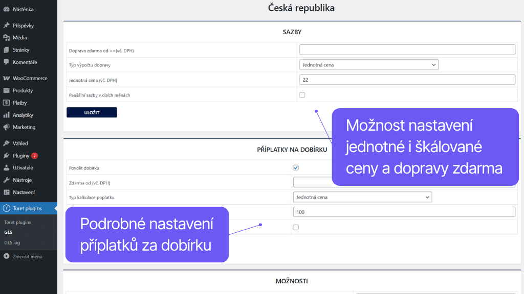Plugin Toret GLS pro WooCommerce - nastavení dopravy (2)