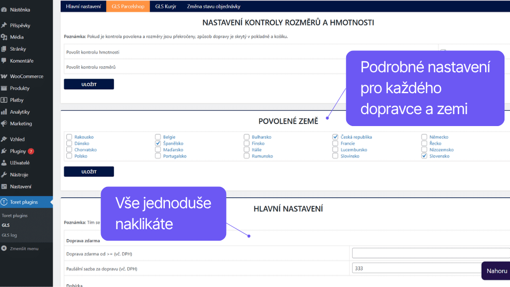 Plugin Toret GLS pro WooCommerce - nastavení dopravy