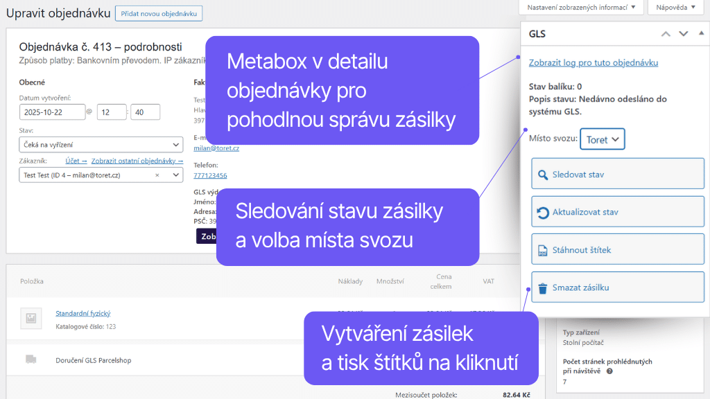 Plugin Toret GLS pro WooCommerce - správa objednávek (2)
