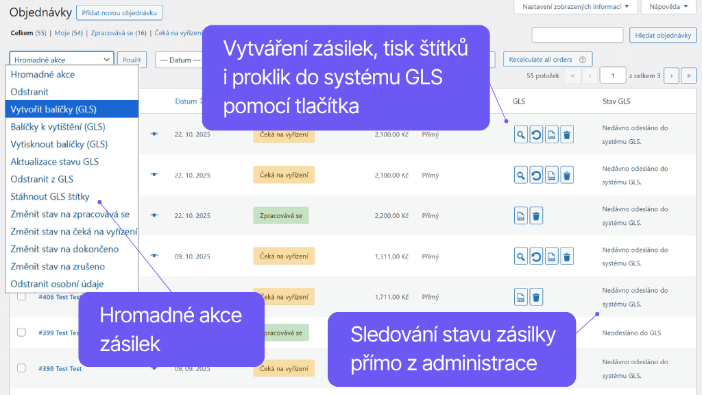 Plugin Toret GLS pro WooCommerce - správa objednávek