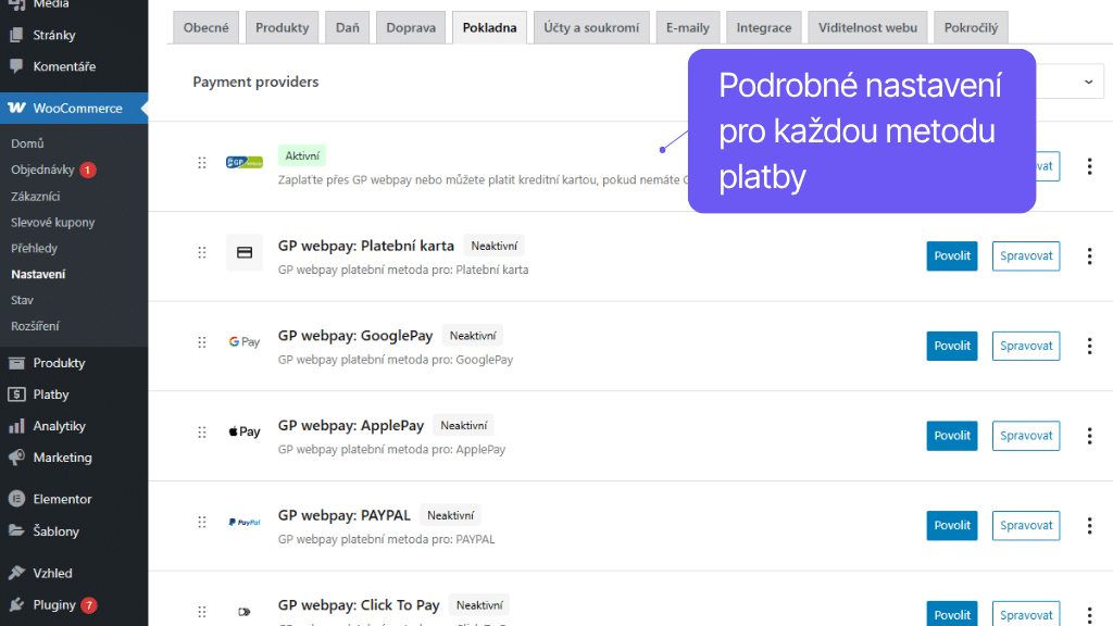 Plugin Toret GP webpay pro WooCommerce - nastavení platebních metod