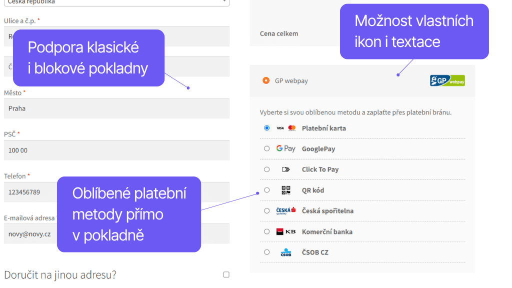 Plugin Toret GP webpay pro WooCommerce - zobrazení v pokladně