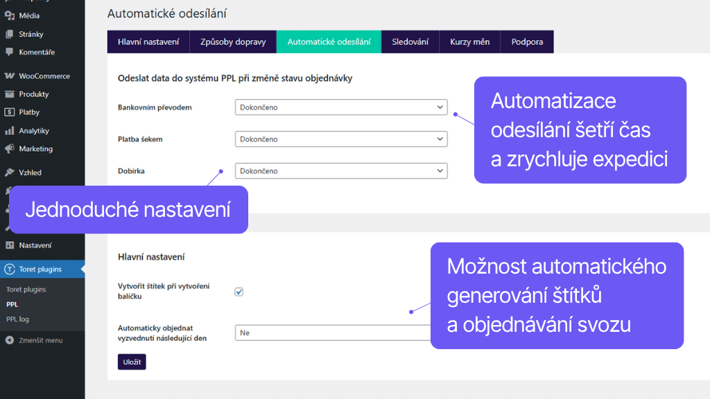 Plugin Toret PPL pro WooCommerce - nastavení automatizace