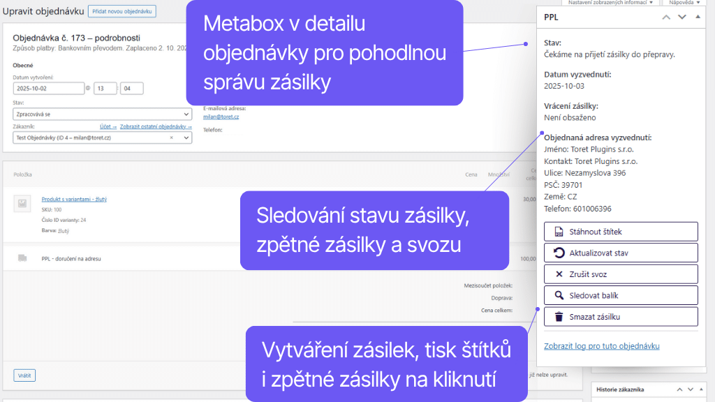 Plugin Toret PPL pro WooCommerce - správa objednávek (2)