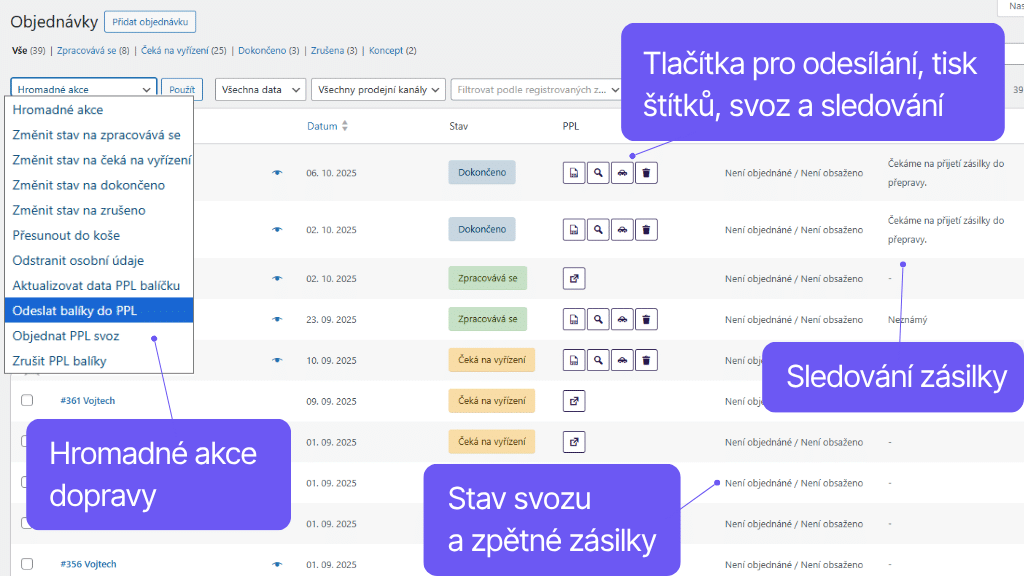 Plugin Toret PPL pro WooCommerce - správa objednávek