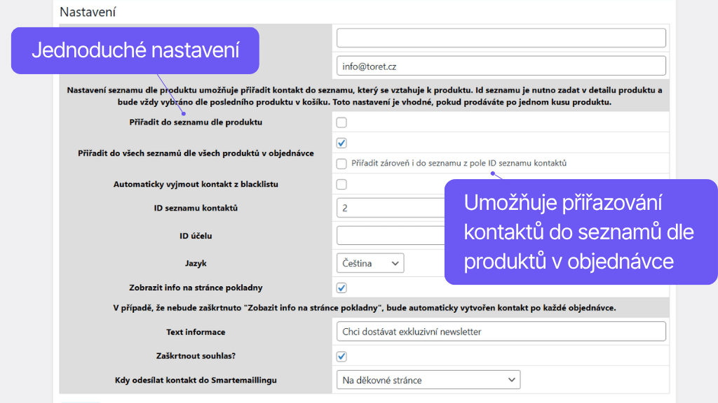 Plugin Toret Smartemailing pro WooCommerce - nastavení