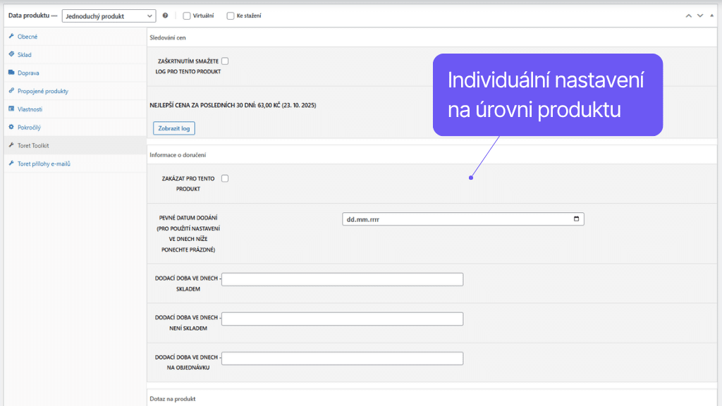 Plugin Toret Toolkit pro WooCommerce - funkce pro produkt - nastavení