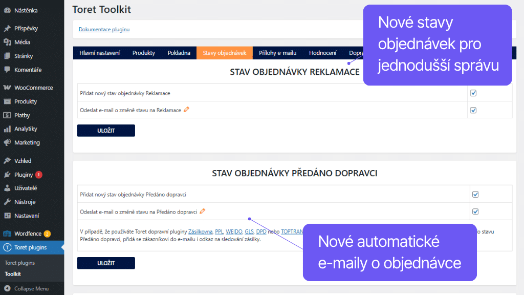 Plugin Toret Toolkit pro WooCommerce - nastavení