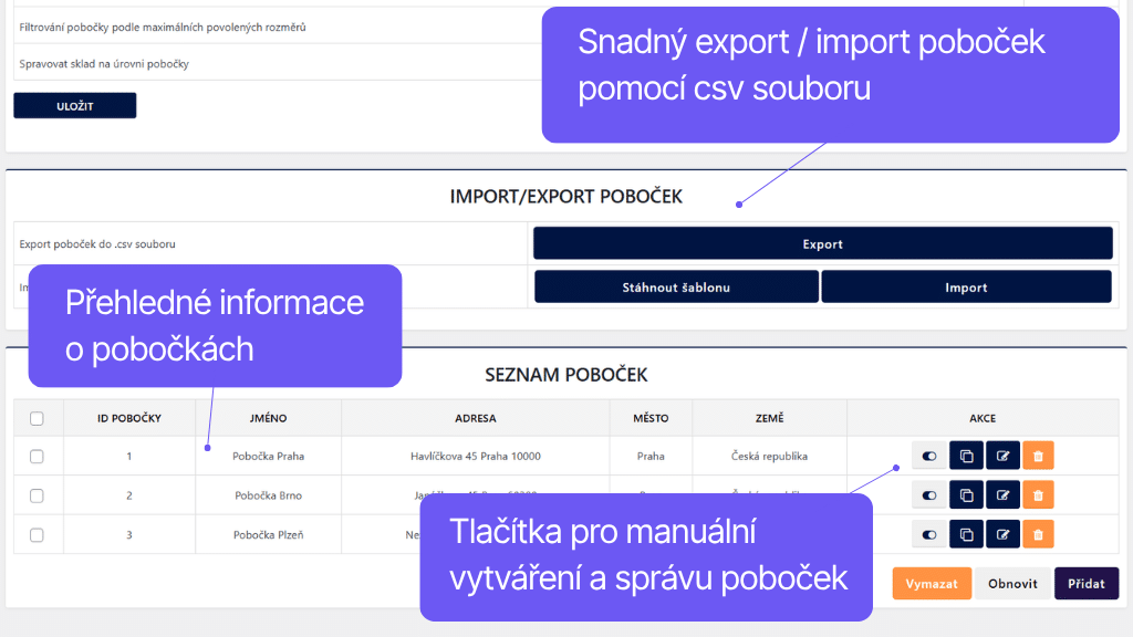 Plugin Toret Vlastní pobočky a doprava pro WooCommerce - nastavení poboček
