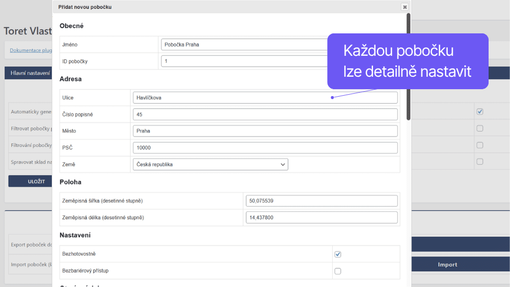 Plugin Toret Vlastní pobočky a doprava pro WooCommerce - nastavení pobočky