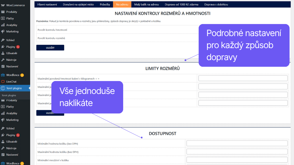 Plugin Toret Vlastní pobočky a doprava pro WooCommerce - nastavení