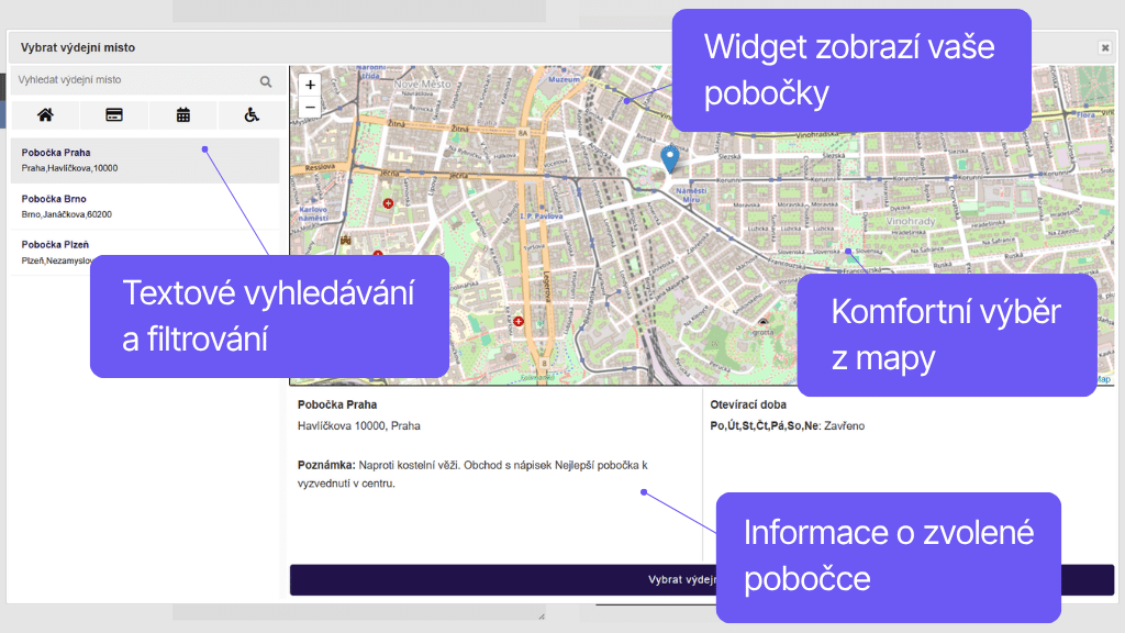 Plugin Toret Vlastní pobočky a doprava pro WooCommerce - widget s mapou