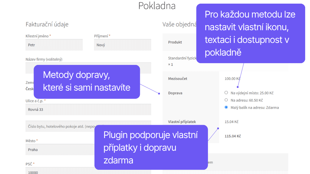 Plugin Toret Vlastní pobočky a doprava pro WooCommerce - zobrazení v pokladně