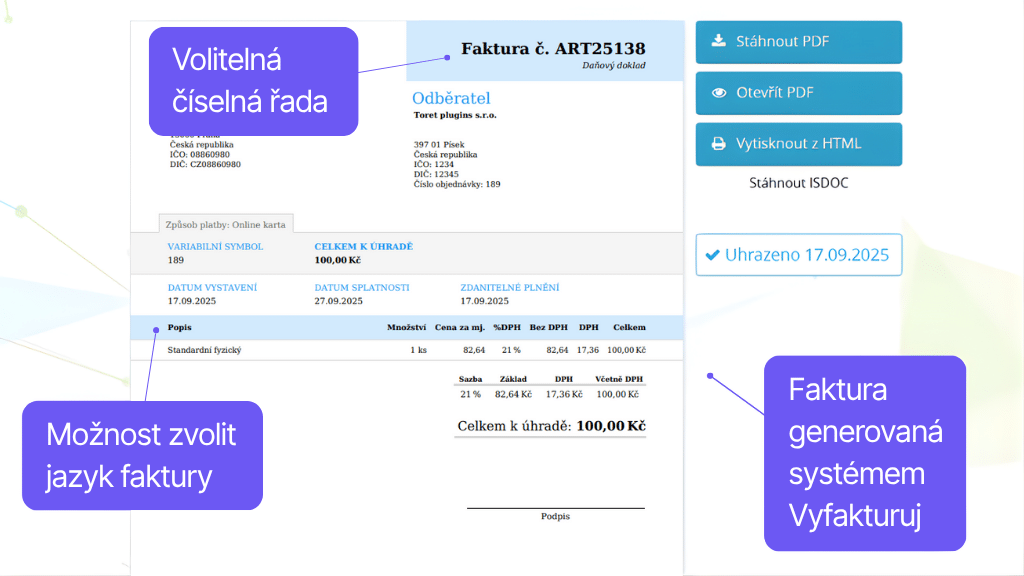 Plugin Toret Vyfakturuj pro WooCommerce - faktura
