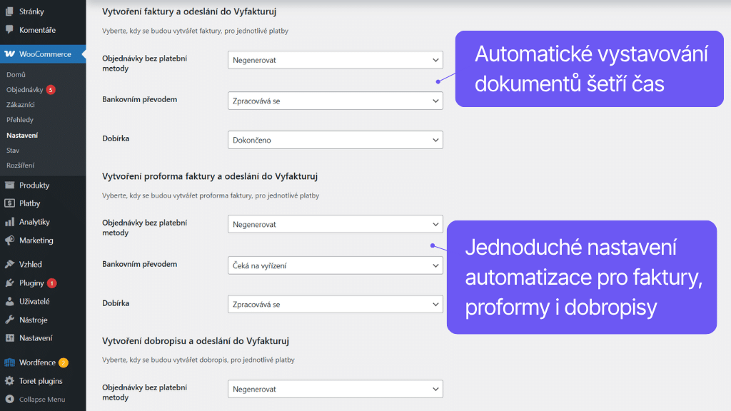 Plugin Toret Vyfakturuj pro WooCommerce - nastavení (2)
