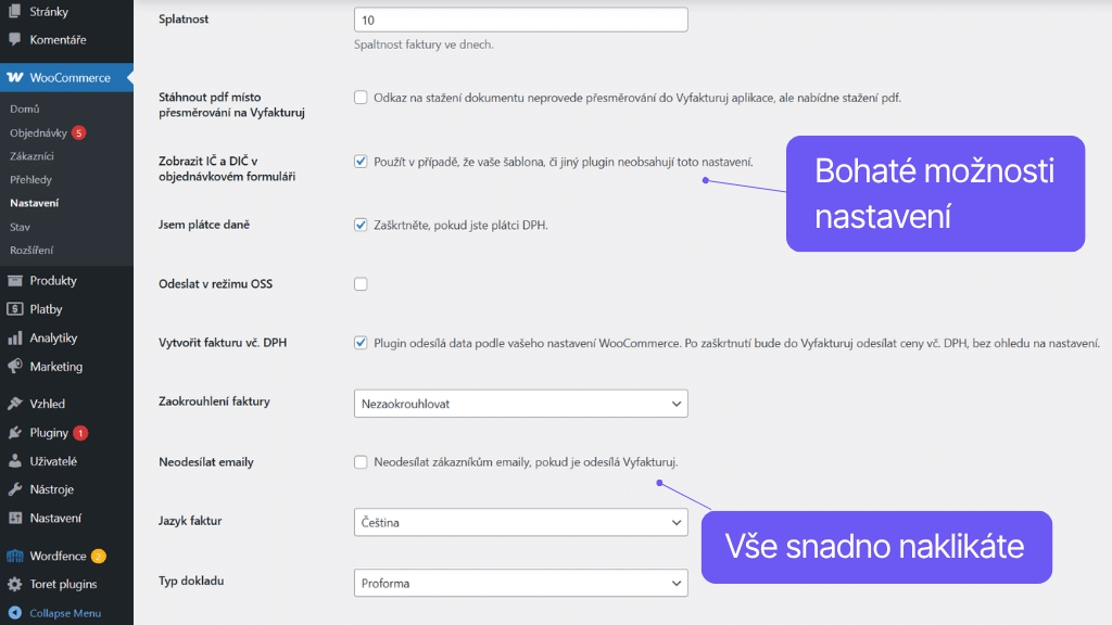 Plugin Toret Vyfakturuj pro WooCommerce - nastavení
