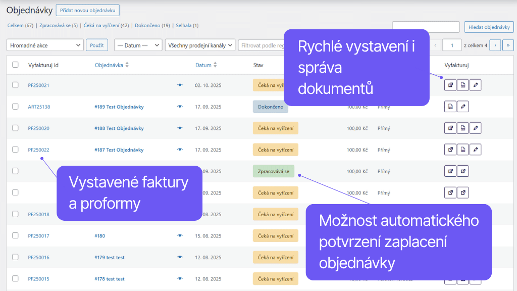Plugin Toret Vyfakturuj pro WooCommerce - správa objednávek