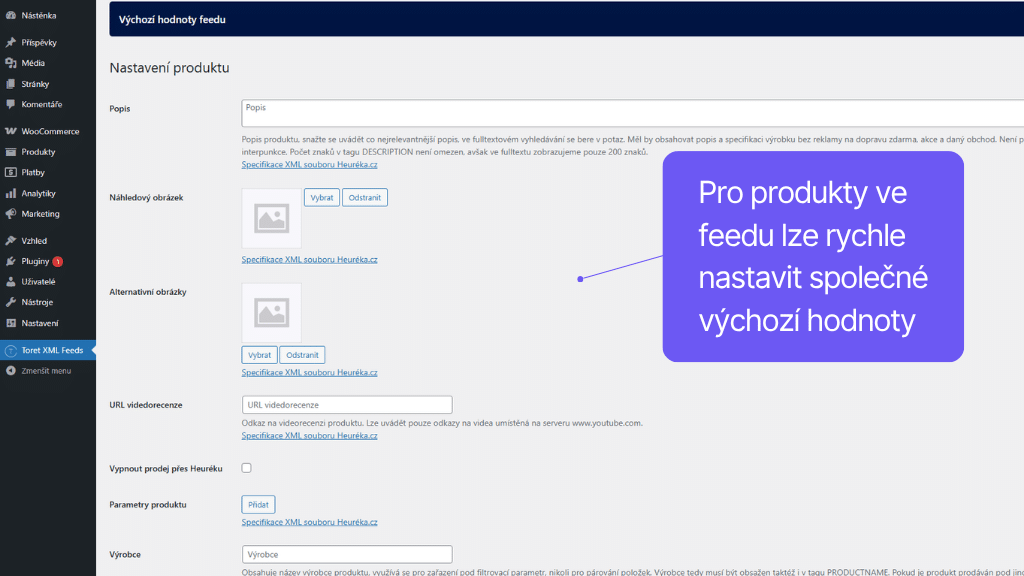Plugin Toret XML feedy pro WooCommerce - nastavení feedu