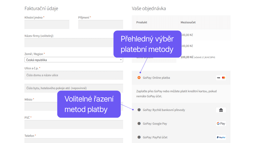 Plugin GoPay pro WooCommerce - platební metody v pokladně