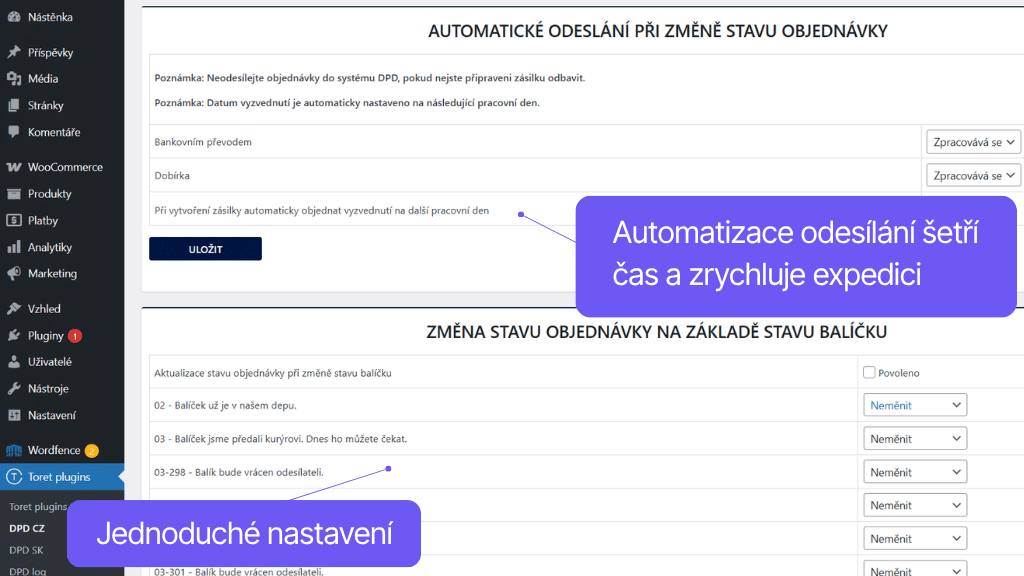 Toret plugin DPD pro WooCommerce - nastavení automatizace