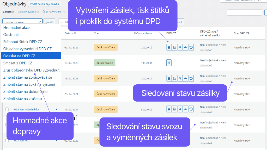 Toret plugin DPD pro WooCommerce - správa zásilek