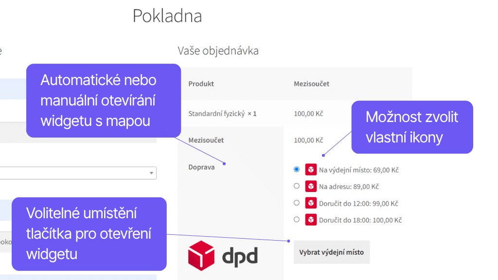 Toret plugin DPD pro WooCommerce - zobrazení v pokladně