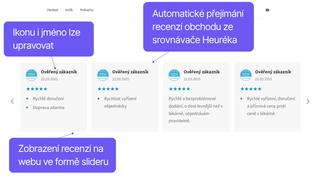 Toret plugin Srovnávače zboží pro WooCommerce - zobrazení recenzí obchodu z Heuréka - slider