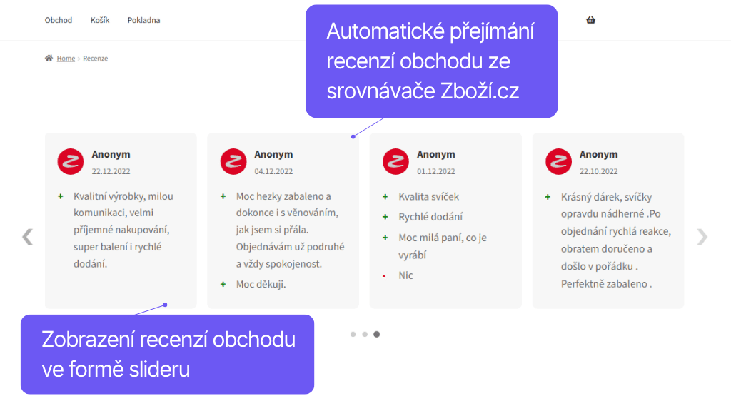 Toret plugin Srovnávače zboží pro WooCommerce - zobrazení recenzí obchodu ze Zboží.cz - slider