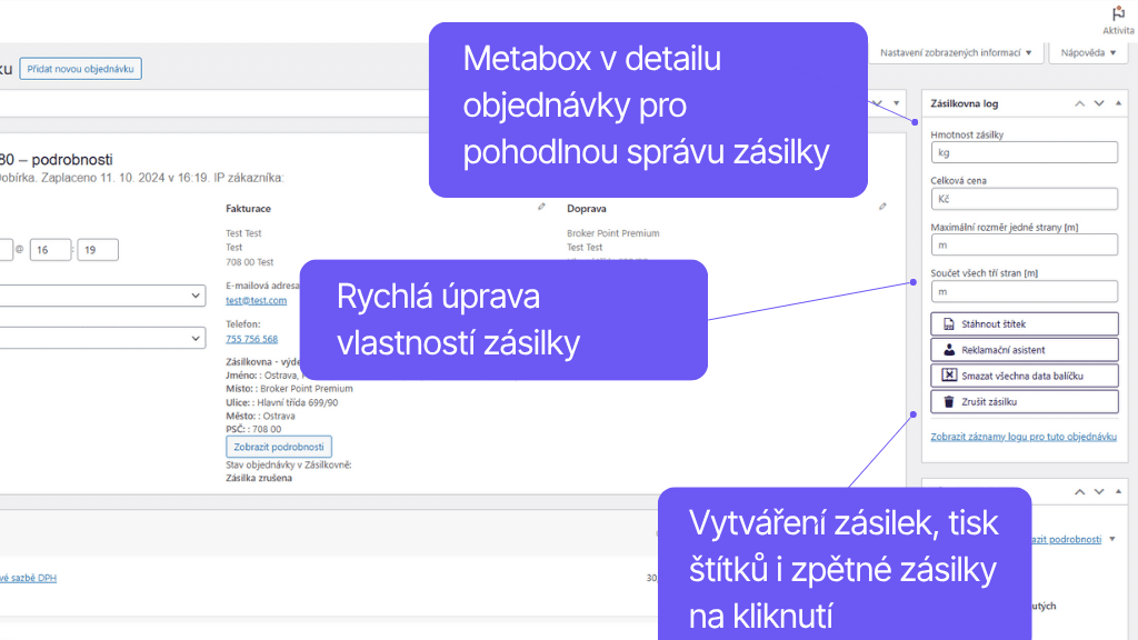 Toret plugin WooCommerce Zásilkovna - funkce v detailu objednávky